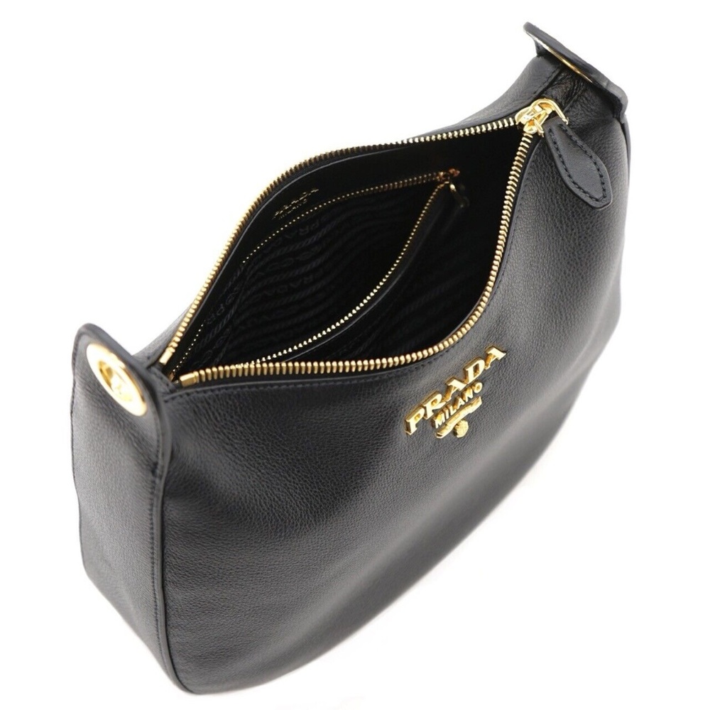 Prada Hobo Web Strap Shoulder Bag Black Leather New - Picture 4 of 5